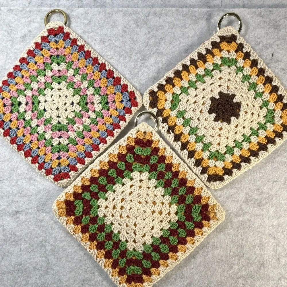 Handmade Crocheted Granny Square Potholders Set of 3 Multicolor w/ Rings